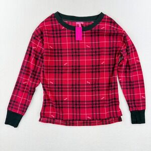 Betsey Johnson Red Plaid Waffle Knit Pajama XOX Top Size MEDIUM Womens NEW